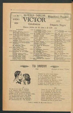 Tu jardín : Vals. Grabado en discos "Victor". Letra y música de Mercedes Simone