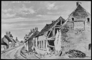 Juvincourt, Frankreich. Hauptstraße mit Trümmerhäusern. Malerei nach Fotografie