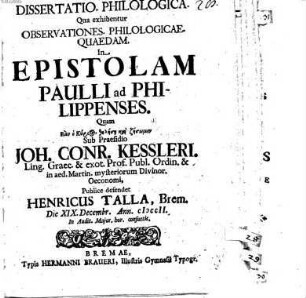 Diss. philol. qua exhibentur observationes philologicae quaedam in epistolam Paulli ad Philippenses