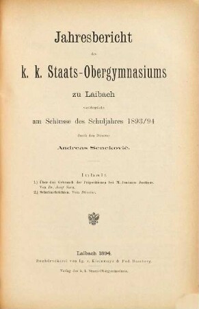 Jahresbericht des K.K. Staats-Obergymnasiums zu Laibach : veröffentlicht am Schlusse des Schuljahres ... 1893/94