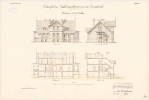 Zellengefängnis, Düsseldorf Wohnhaus für den Direktor: Längsschnitt und Querschnitt, Vorderansicht, Nordansicht 1:100