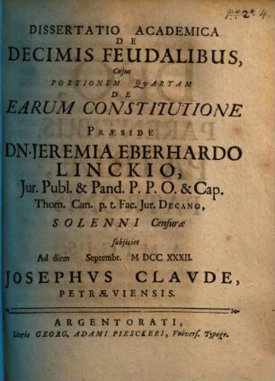 Diss. acad. de decimis feudalibus : cuius portionem quartam de earum constitutione