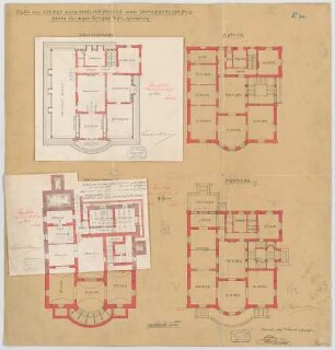 Thiersch, August ; München, Leopoldstr. 19; Wohnhaus Rau - 1. Variante - Grundriss Keller, Grundriss EG, Grundriss 1. OG, Grundriss DG