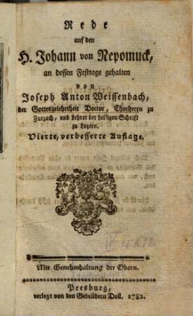 Rede auf den H. Johann von Nepomuck