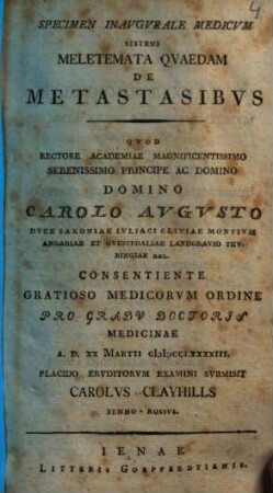 Specimen Inaugurale Medicum Sistens Meletemata Quaedam De Metastasibus