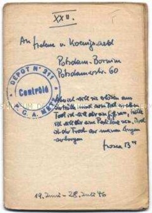 Tagebuch (Band 22) von Harald von Koenigswald über die Verlegung in das Kriegsgefangenenlager Metz-Obreck und die dortigen Bedingungen - Familienkonvolut