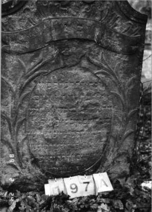 Grabstein 197 (Index: 99752067) Material: Sandstein Zustand: stark verwitt. mit fast völl. Textverlust Maße HxBxT: 124x73x10 cm Beschreibung: Stele, Volutenabschluß m. Mittelakroter, ovales Schriftfeld eingetieft Symbolik: Ranken, Schriftband: Grabstein 197A