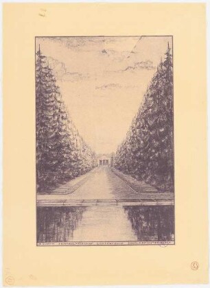 Erweiterung des Parkfriedhofes Berlin-Lichterfelde: Perspektivische Ansicht mit Blick durch die Douglasfichtenallee auf die Urnenhalle, Stempel