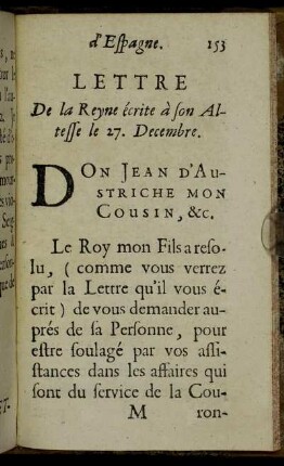 Lettre De la Reyne écrite à son Altesse le 27. Decembre