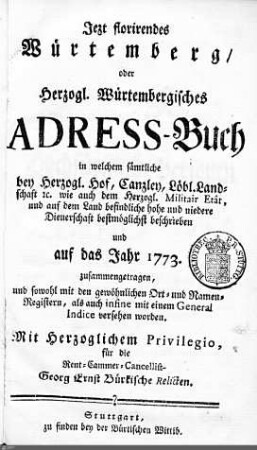 1773: Württembergisches Adressbuch, 1773