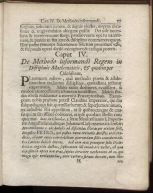 Caput IV. De Methodo informandi Regem in Disciplinis Mathematicis, & quidem per Obeliscum.