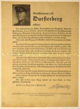 Erklärung Theodor Duesterbergs zu seiner Kandidatur anlässlich der Reichspräsidentschaftswahlen 1932