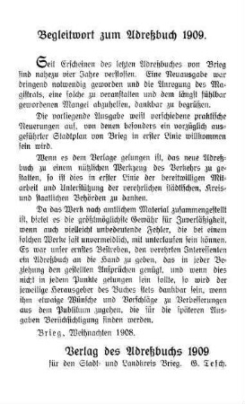 Begleitwort zum Adreßbuch 1909