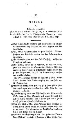 Anhang , A. Principia regulativa oder General-Schulen-Plan, nach welchem das Land-Schulwesen im Königreiche Preußen eingerichtet werden soll : Bestätigt am 1. Aug. 1736