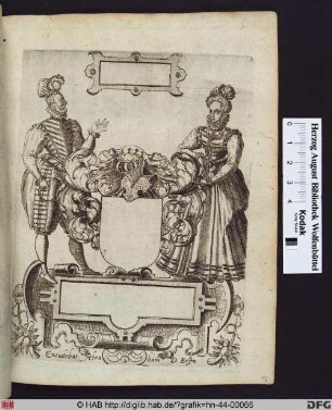 Leeres Wappenschild mit Blattwerk und Helm, flankiert von einer Frau und einem Mann.