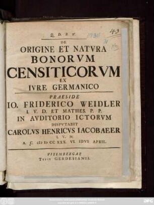 De Origine Et Natvra Bonorvm Censiticorvm Ex Ivre Germanico