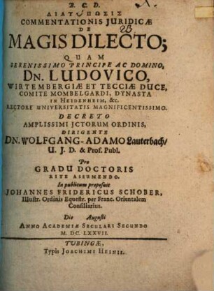 Diatypōsis Commentationis Juridicae De Magis Dilecto