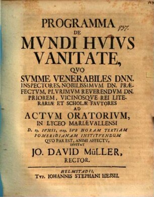 Programma de mundi huius vanitate