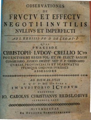 Observationes de fructu et effectu negotii inutilis nullius et imperfecti : ad L. XXXIIII Pr. D. de legat. I