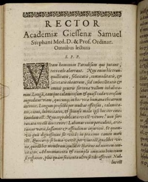 Rector Academiae Giessenae Samuel Stephani Med. D. & Prof. Ordinar. Omnibus lecturis