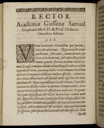 Rector Academiae Giessenae Samuel Stephani Med. D. & Prof. Ordinar. Omnibus lecturis