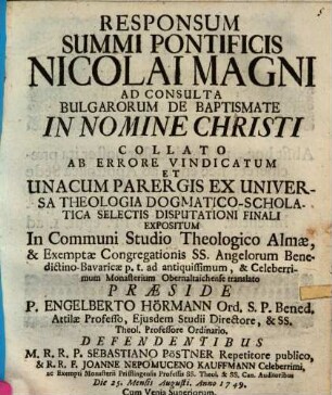 Responsum Summi Pontificis Nicolai Magni ad consulta Bulgarorum de Baptismate in Nomine Christi : collato ab errore vindicatum