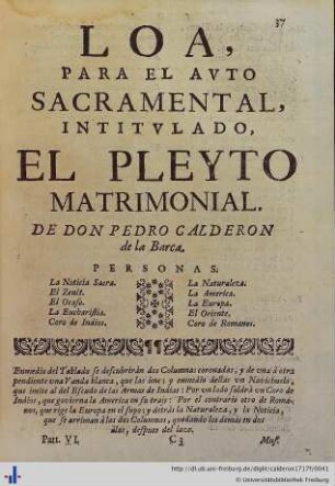 Loa para el Auto Sacramental El Pleyto Matrimonial.