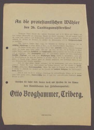 Flugblatt: "An die protestantischen Wähler des 26. Landtagswahlkreises...Otto Broghammer", Friedenspartei, L. Schönenberger, Triberg