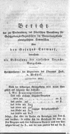 Bericht über den Gesetzes-Entwurf zur Bestrafung der einfachen Unzucht-Vergehen