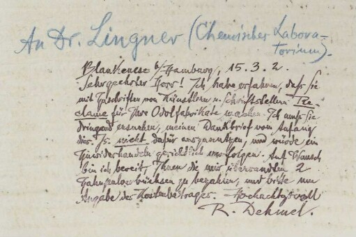 Brief an die Odol-Werke Dr. Lingner