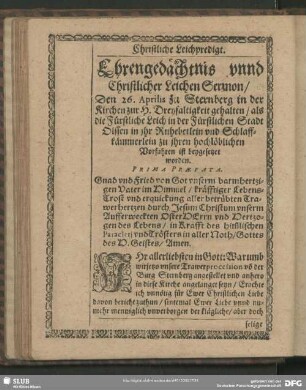 Leichenpredigt : Prima Praefata. Postilla. De I. Loco. De II. Loco. De III.