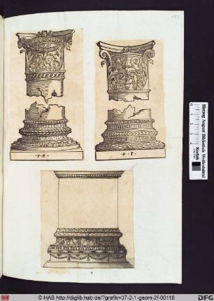 Kapitell und Basis einer Säule der korinthischen Ordnung mit einem Cherub und einem Widderkopf.