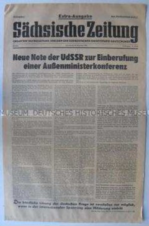 Sondernummer der regionalen Tageszeitung "Sächsische Zeitung" zur Note der UdSSR an die Westmächte zur "Deutschlandfrage" vom 27. November 1953