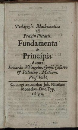 Paedagogiae Mathematicae ad Praxin Pietatis, Fundamenta & Principia