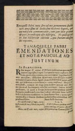 Tanaquilli Fabri Emendationes Et Notae Pauculae Ad Justinum