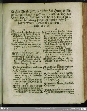 Kurtzes Real-Register über das Hungarisch- und Venetianische Kriegs-Theatrum