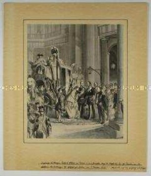 Empfang des Prinzen Friedrich Wilhelm von Preussen und seiner Gemahlin durch die Mitglieder der königlichen Familie an der Wendeltreppe des Schlosses zu Berlin am 8. Februar 1858 (aus einer unbekannten Zeitschrift)