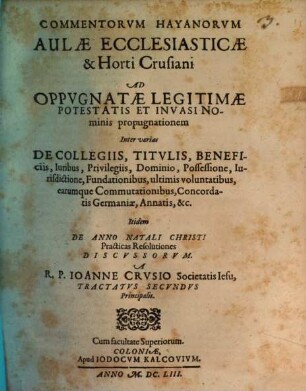 Aulae Ecclesiasticae Et Horti Crusiani Subversio Sive R.P.F. Romani Hay aliorumque Commentorum Discussio, 2,[1]. Tract. II, tom. I
