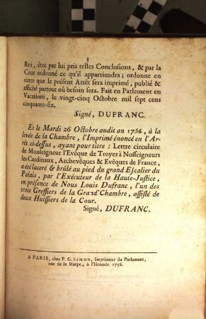 Arrest De La Cour De Parlement, Qui condamne un Imprimé intitulé: Lettre circulaire de Monseigneur l'Evêque de Troyes, à Nosseigneurs les Cardinaux, Archevêques, & Evêques de France, à être lacéré & brûlé par L'Exécuteur de la Haute-Justice : Extrait Des Registres Du Parlement. Du 25 Octobre 1756.