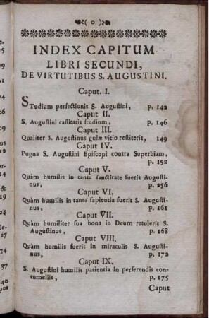 Index Capitum Libri Secundi De Virtutibus S. Augustini.