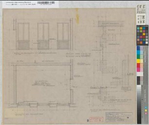 Wiederaufbau des Empfangsgebäudes [Bahnhof] Oberhausen-Sterkrade, Blatt~37: Innenausbau Sonderzimmer: Ansicht, Grundriß, Details, M.~1:20 und M.~1:1 Hge, Sknr.: 2, Fanr.: 7, Bunr.: 47