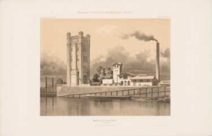 Homberg-Ruhrorter Rhein-Trajektanstalt, Duisburg: Perspektivische Ansicht von der Rheinseite (aus: Atlas zur Zeitschrift für Bauwesen, hrsg. v. G. Erbkam, Jg. 7, 1857)