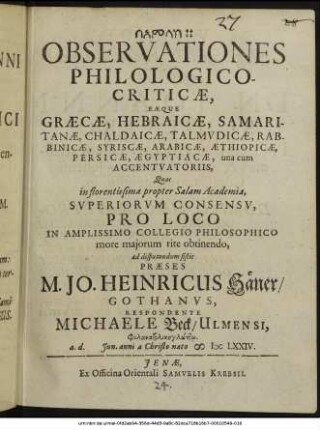 Observationes Philologico-Criticae, Eaeque Graecae, Hebraicae, Samaritanae, Chaldaicae, Talmudicae, Rabbinicae, Syriscae, Arabicae, Aethiopicae, Persicae, Aegyptiacae, una cum Accentuatoriis
