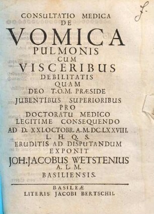 Consultatio Medica De Vomica Pulmonis Cum Visceribus Debilitatis