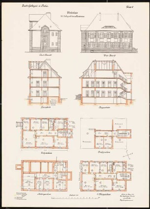 Zentralgefängnis, Mühlenweg, Stuhm Wohnhaus für zwei Inspektionsassistenten: Grundriss KG, EG, OG, DG, Ansichten und Schnitte 1:100