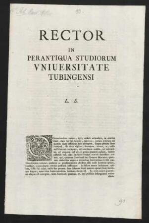 Rector In Perantiqua Studiorum Vniuersitate Tubingensi L. S.