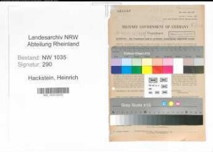 Entnazifizierung Heinrich Hackstein , geb. 14.01.1902 (Expedient)