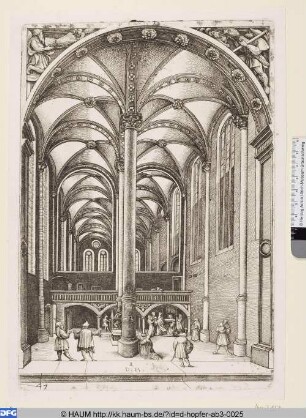 Inneres einer Kirche mit dem Gleichnis vom Scherflein der Witwe