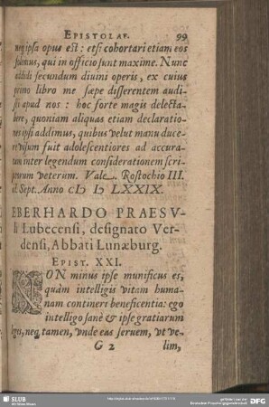 Eberhardo Praesuli Lubecensi, designato Verdensi, Abbati Lunaebrug. Epist. XXI.