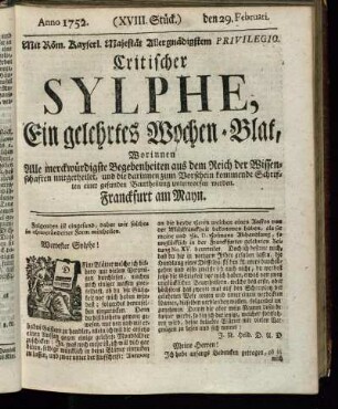 (XVIII. Stück.) den 29. Februari. Anno 1752.